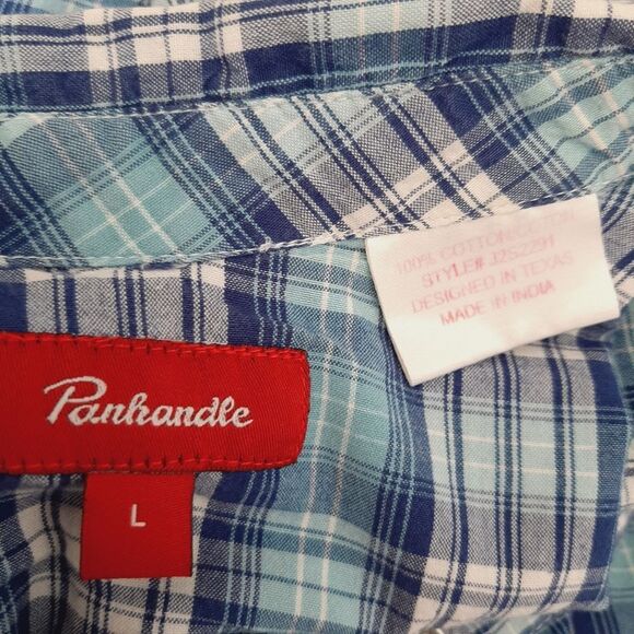 PANHANDLE | Embroidery Pearl Snap Button Down Western Shirt Blue Plaid L Flawed - Picture 16 of 16